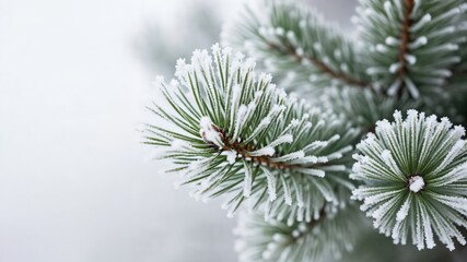 Frosted Pine Tree Branch in Winter Landscape with Fresh Snow