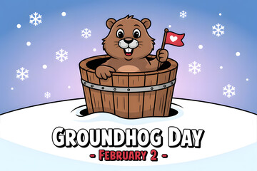 Groundhog day illustration with cute groundhog emerging from burrow