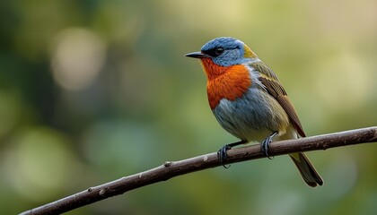 Fototapeta premium Photo of a small colorful bird perched on a thin branch, captured in natural light with a soft green blurred background. Detailed feathers and calm pose, suitable for wildlife and nature themes.