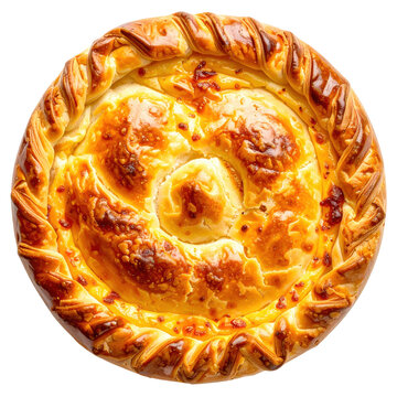 Jani cheese from Latvia, a dense and sweet cheese dessert shaped in a round form, isolated on white background.