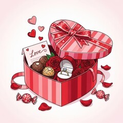Romantic heart shaped chocolate gift box full of assorted sweets and petals, ideal Valentine gift.