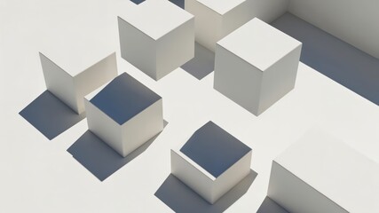 Minimalist Geometric Composition with White Cubes and Shadows for Modern Art and Design Aesthetics