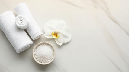 Spa Essentials: Plush White Towels, Epsom Salt, and an Orchid for Relaxation and Wellness
