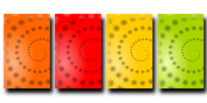 Four Vibrant Graphic Card Designs with Rotating Star Patterns in Orange, Red, Yellow, and Green - Powered by Adobe