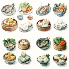 Top view illustration of seafood and dumpling dishes served in bamboo baskets and bowls. Steamed fish vegetables and sides arranged for culinary presentation and menu use.
