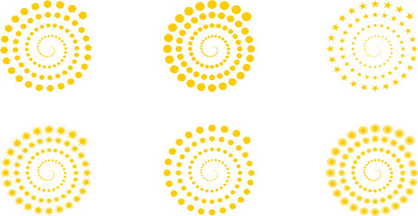 Collection of magenta pink abstract geometric spirals and radial patterns featuring stars and circles for decorative design and graphics.