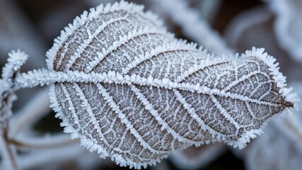 Close-Up of Frost-Covered Leaf Highlighting Nature's Beauty in Winter Environment