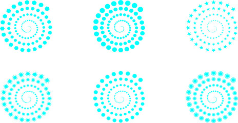 Teal green abstract geometric spiral patterns and radial design elements collection, isolated on white background for creative use.