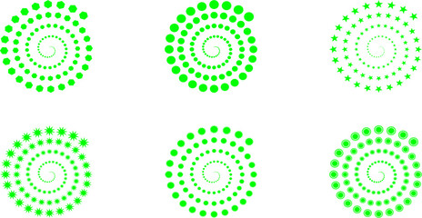 Forest green abstract geometric spiral patterns and radial design elements collection featuring sunbursts, stars, and circles.