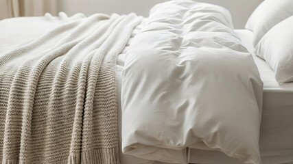 Soft White Bedding Set with Blanket and Pillows for Cozy Bedroom Design