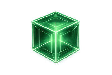 Glowing green neon cube hologram with abstract light lines, futuristic technology concept, digital data visualization