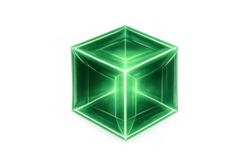Glowing green neon cube hologram with abstract light lines, futuristic technology concept, digital data visualization