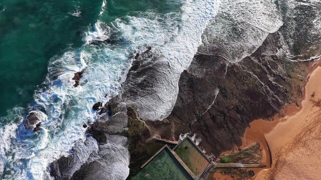 Aerial view of Mona Vale Beach, Northern Beaches NSW, Sydney, Australia. Aerial coastal landscape. 