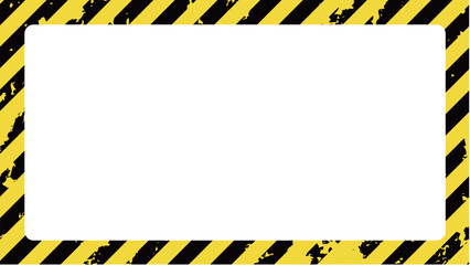 擦れてレトロな雰囲気の黄色と黒の警告色の斜めなストライプの長方形フレーム。危険やエラーを警告する模様。四方を柄で囲まれた飾り枠のベクター素材。ビンテージな汚れのテクスチャ
