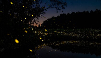 Fototapeta premium Fireflies dancing around a serene pond at dusk.