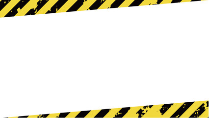 擦れてレトロな雰囲気の黄色と黒の警告色の斜めなストライプのフレーム。危険やエラーを警告する縞模様。斜めにテープが貼られたようなスタイリッシュな飾り枠のベクター素材。ビンテージなテクスチャ
