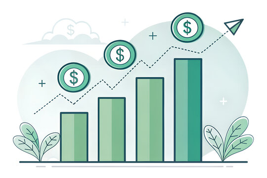 Minimalist graphic illustration showcasing continuous upward financial growth represented by a bar chart with ascending value markers and dollar signs indicating profitability success