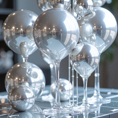 Silver-white balloons, crystal ornaments, cool-toned reflections on clear tables,A frosty elegance evoking a magical winter wonderland.