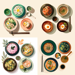 Top view illustration of Asian soup and rice meals served in colorful bowls. Balanced composition with vegetables eggs and herbs ideal for menu layouts and food lifestyle visuals.