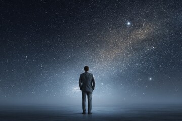 Obraz premium Business executive standing against deep space background with distant stars, calm posture, visionary and future focused leadership concept