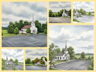 A white country church with a tall steeple sits surrounded by green trees open fields and a large empty parking lot beneath a cloudy sky in a peaceful rural setting