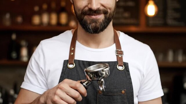 Smiling barista holding portafilter in a cozy coffee shop