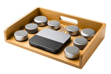 Wireless conference microphone system with speakers in wooden tray isolated with transparent background