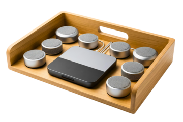 Wireless conference microphone system with speakers in wooden tray isolated with transparent background
