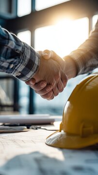 Two construction workers shaking hands with hard hat on table, vertical photo