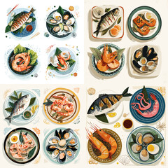 Top view illustration of seafood dishes including fish shrimp and shellfish served on plates. Colorful meals arranged neatly for menu design and culinary presentation use.