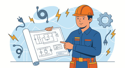 Electrician with Electrical Blueprint
A flat vector illustration of an electrician holding an electrical blueprint or schematic. The background includes icons like plugs, wires, and lightning bolts. 