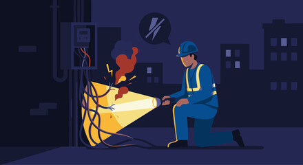 Emergency Electrical Repair
A flat vector illustration of an electrician responding to an emergency power outage. The electrician uses a flashlight while inspecting damaged wiring. 