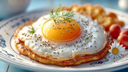 Fried egg with herbs and pepper on plate with tomatoes and flower