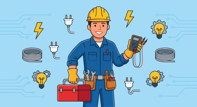 Friendly Electrician with Tools
A flat vector illustration of a smiling electrician standing confidently, holding a toolbox and electrical tools. Icons like lightning bolts and plugs