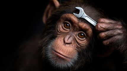 Chimpanzee holding a wrench on its forehead in a dark setting while looking thoughtfully at the viewer