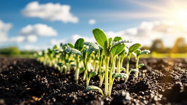 Young green seedlings growing in a row on a sunny day with blue sky