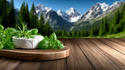 Fresh cheese and herbs on wooden board with mountain scenery in background during daytime