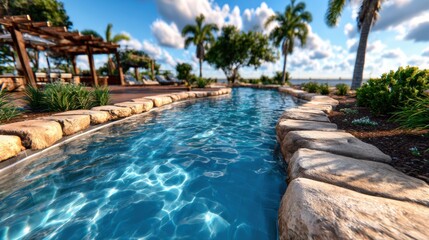 Obraz premium Swimming pool with clear water surrounded by stones and greenery in a sunny outdoor setting with palm trees