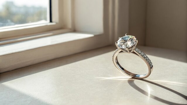 Elegant solitaire engagement ring with sparkling diamond on windowsill in soft natural light