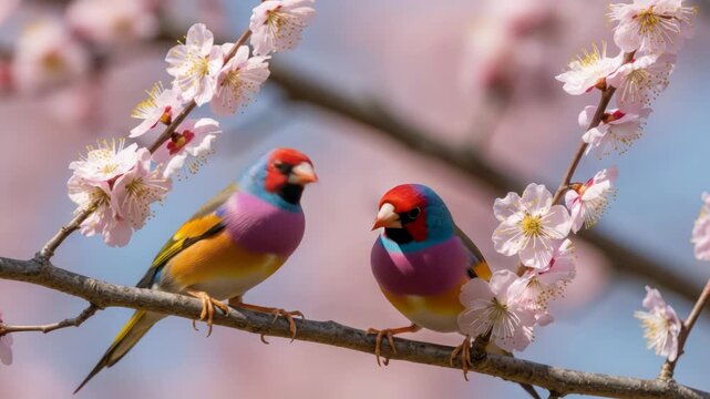 Two Gouldian finches perched on a blooming plum branch with pastel pink flowers and blue sky.