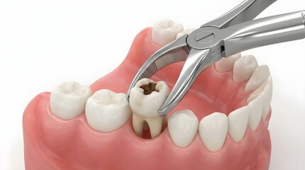 Dental Forceps Extracting Decayed Tooth from Gum Model, 3D Medical Illustration