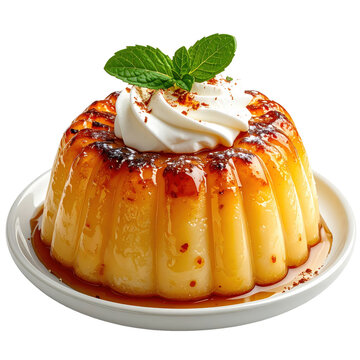 Lithuanian kugelis, a baked potato pudding with bacon and onions, served with sour cream, isolated on a white background.