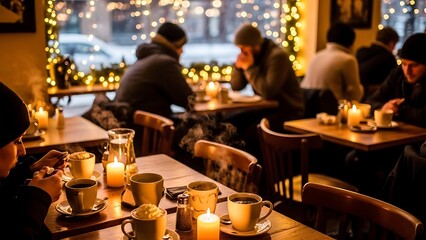 People sit at wooden tables with cups and candles in a cozy cafe with string lights.