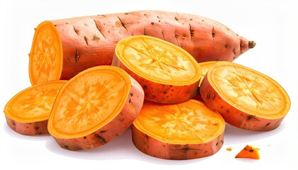 A whole and sliced sweet potato with vibrant orange flesh