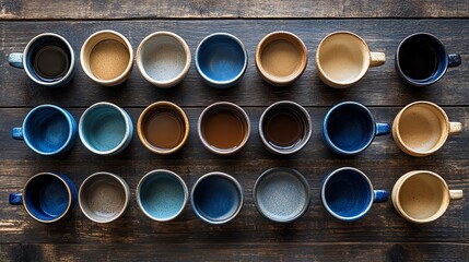 Colorful coffee cups arranged on wooden table