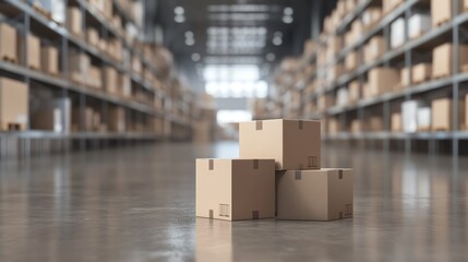 Packages stacked in a large warehouse.