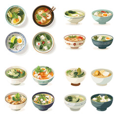Top view illustration of Asian soup and rice bowls with vegetables eggs and herbs. Assorted ceramic tableware arranged neatly on a light background for menu and food design.