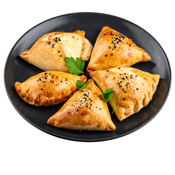 Jizzakh samsa, triangular central asian meat pastries, served on a dark plate and professionally isolated on a white background