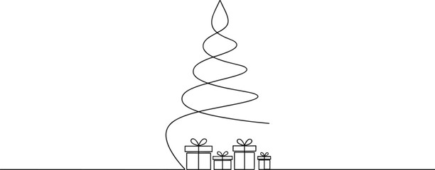 Cad drawing flat vector illustration, minimalist Christmas tree with gift boxes, spiral ribbon design, festive holiday symbol, black line art