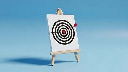 A target on an easel with a red arrow hitting the center, set against a blue background